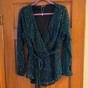 BloomChic Teal Sequin Wrap Blouse